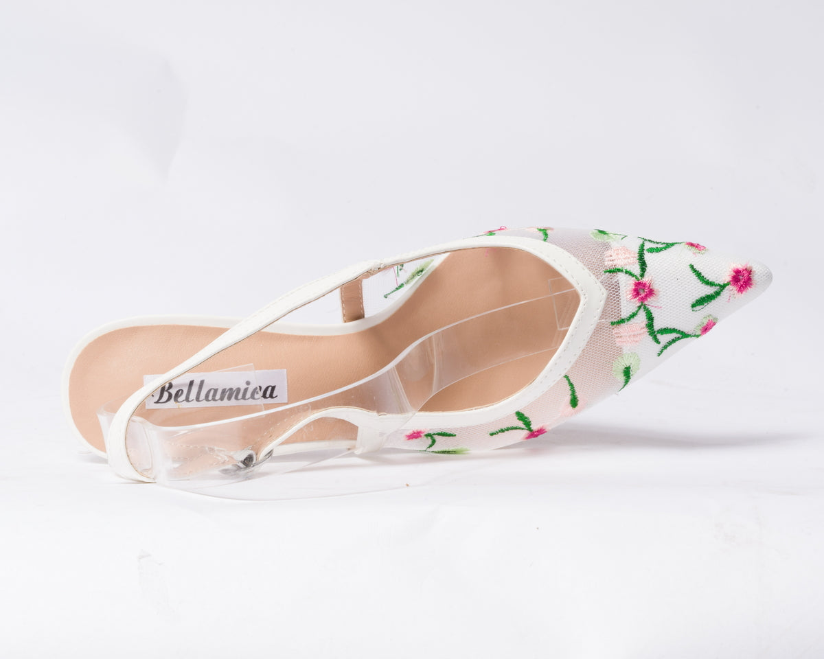Decolettè Slingback velata con inserti floreali - Bianca
