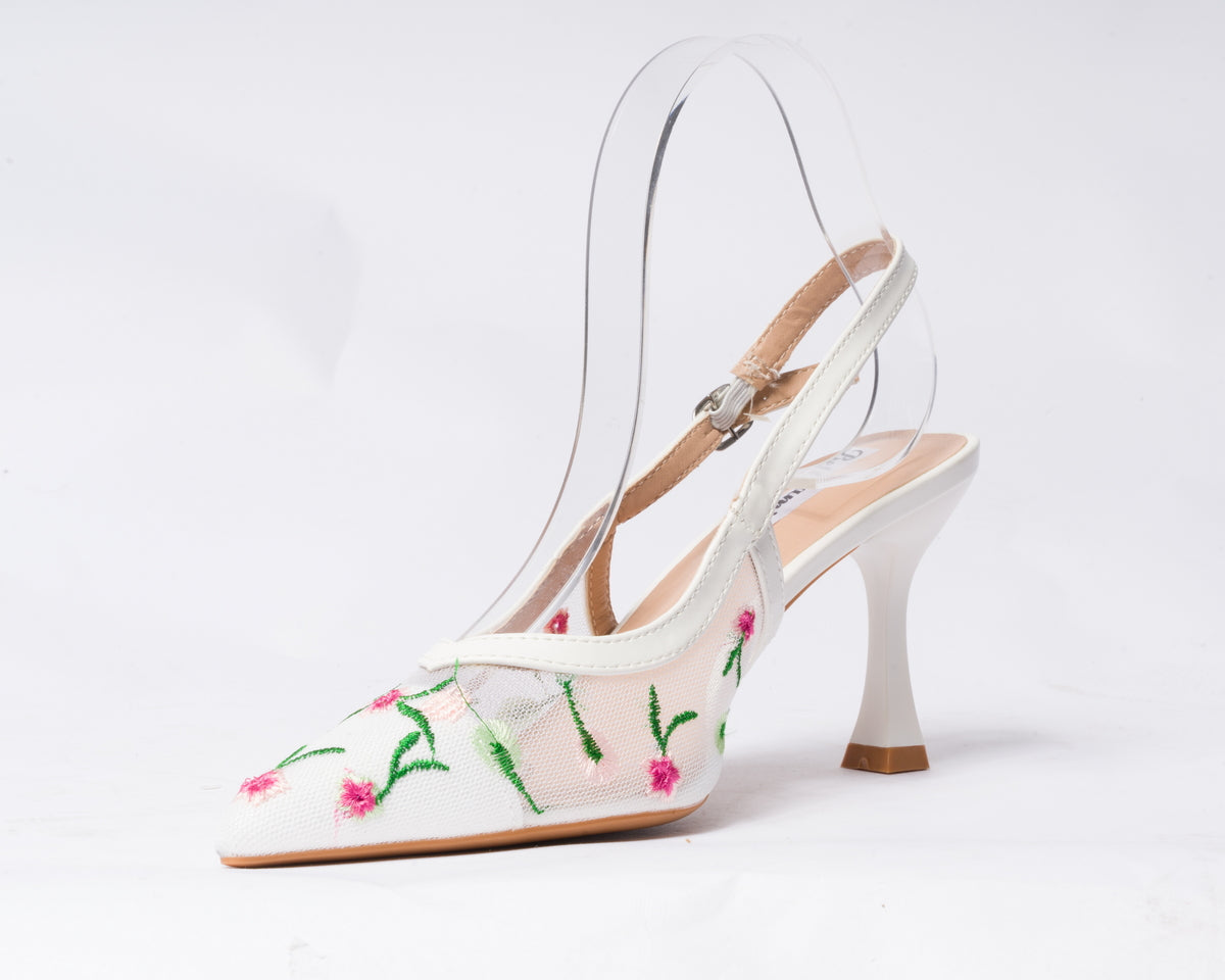 Decolettè Slingback velata con inserti floreali - Bianca