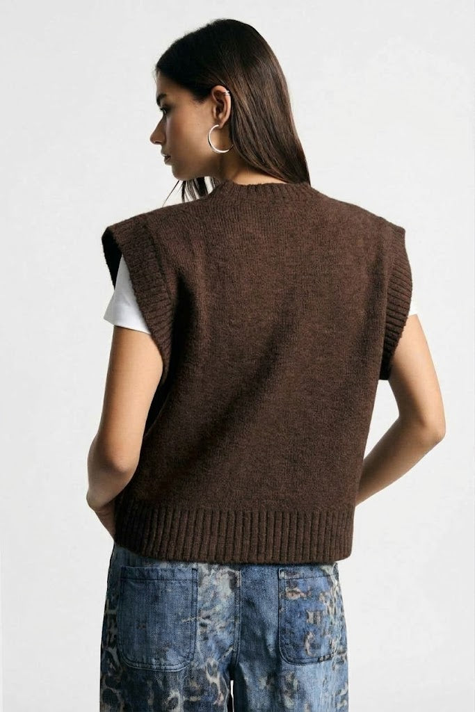 Maglione senza maniche con profili a costine Please - Cioccolato