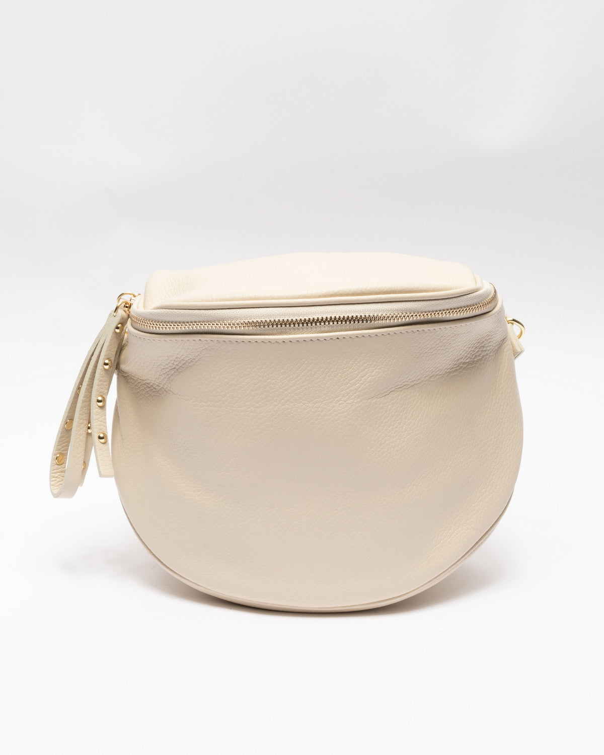 BEIGE | Borsa in vera pelle con borchie dorate modello marsupio
