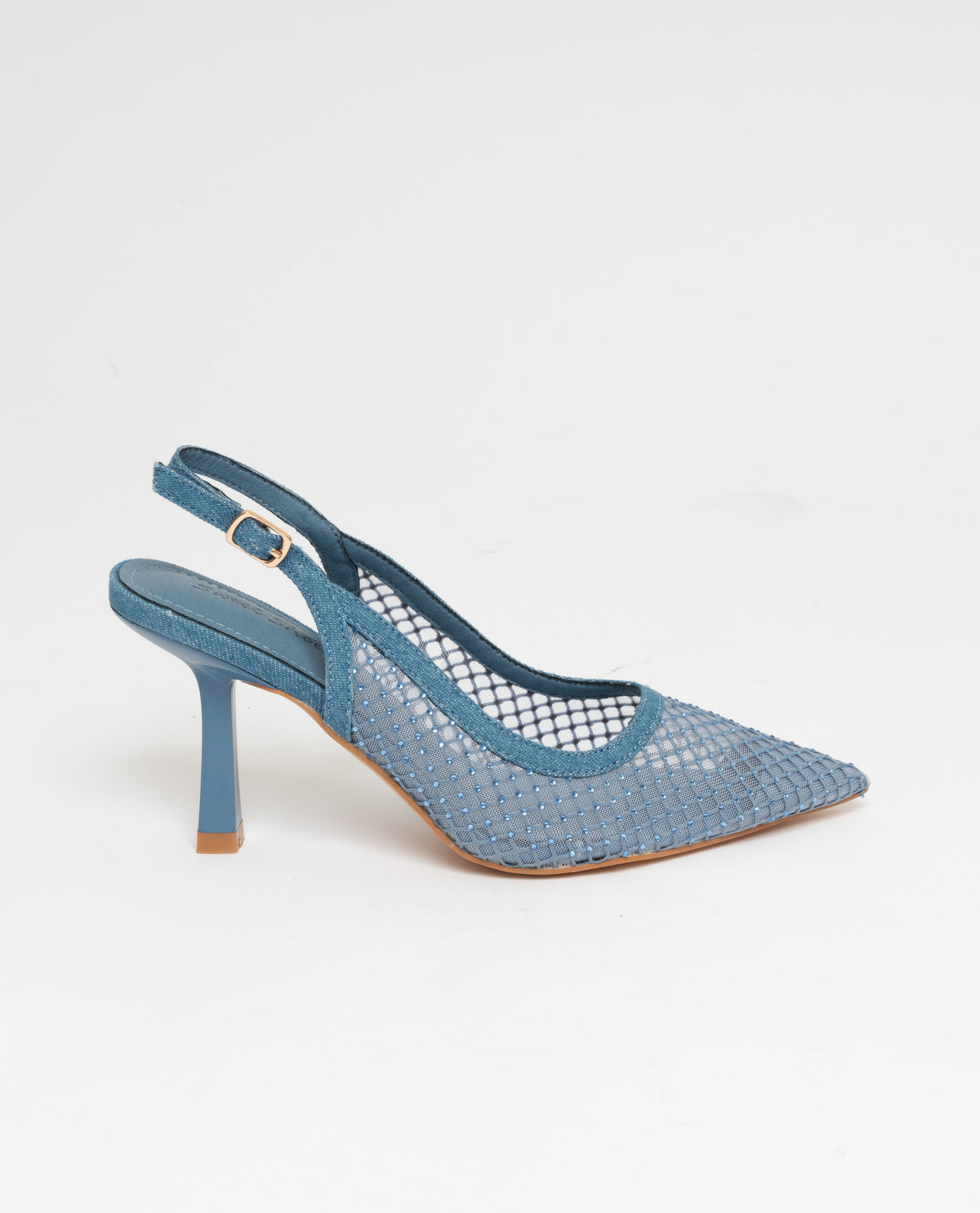 Scarpe a punta slingback tacco comodo in rete ecopelle ricoperta di strass - bliue denim