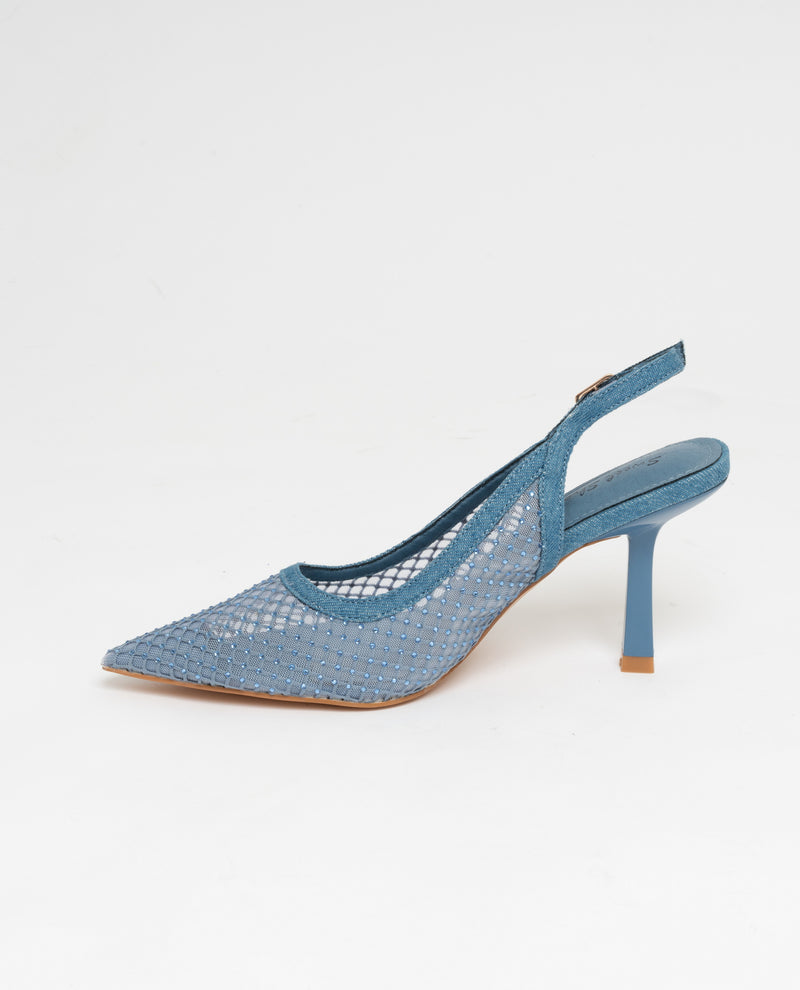 Scarpe a punta slingback tacco comodo in rete ecopelle ricoperta di strass - bliue denim