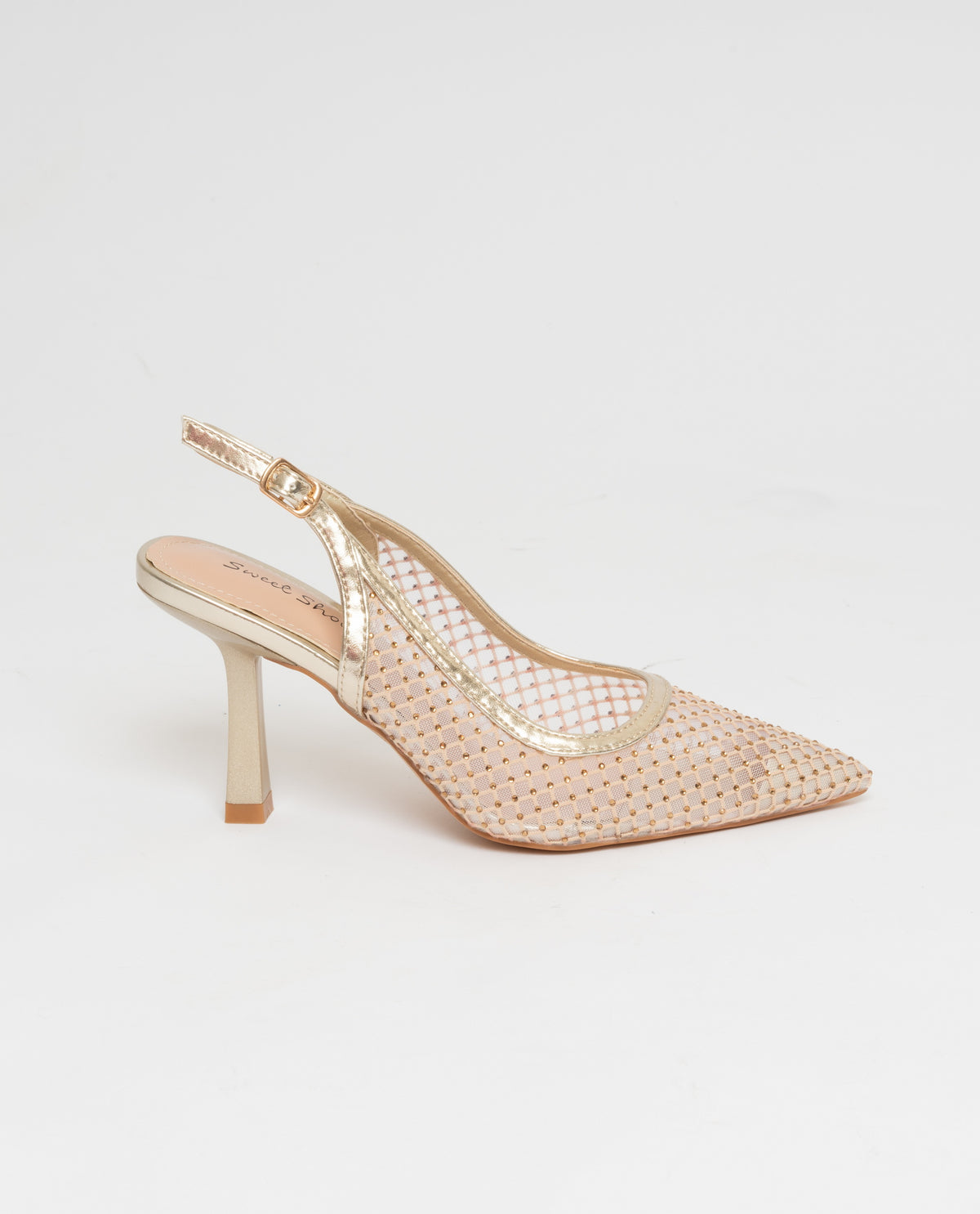 Scarpe a punta slingback tacco comodo in rete ecopelle ricoperta di strass - oro