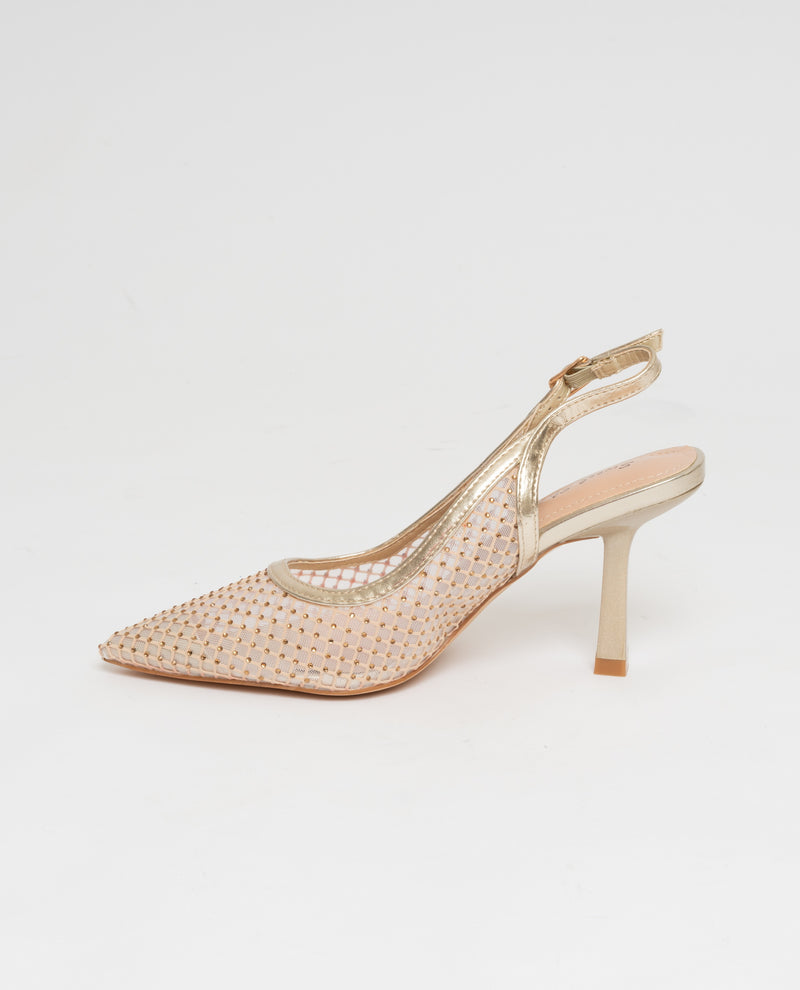 Scarpe a punta slingback tacco comodo in rete ecopelle ricoperta di strass - oro