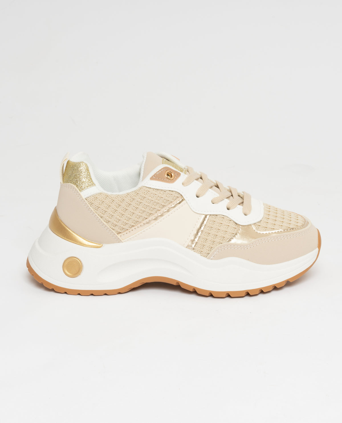 Sneakers allacciate beige con inserti oro beige e bianco