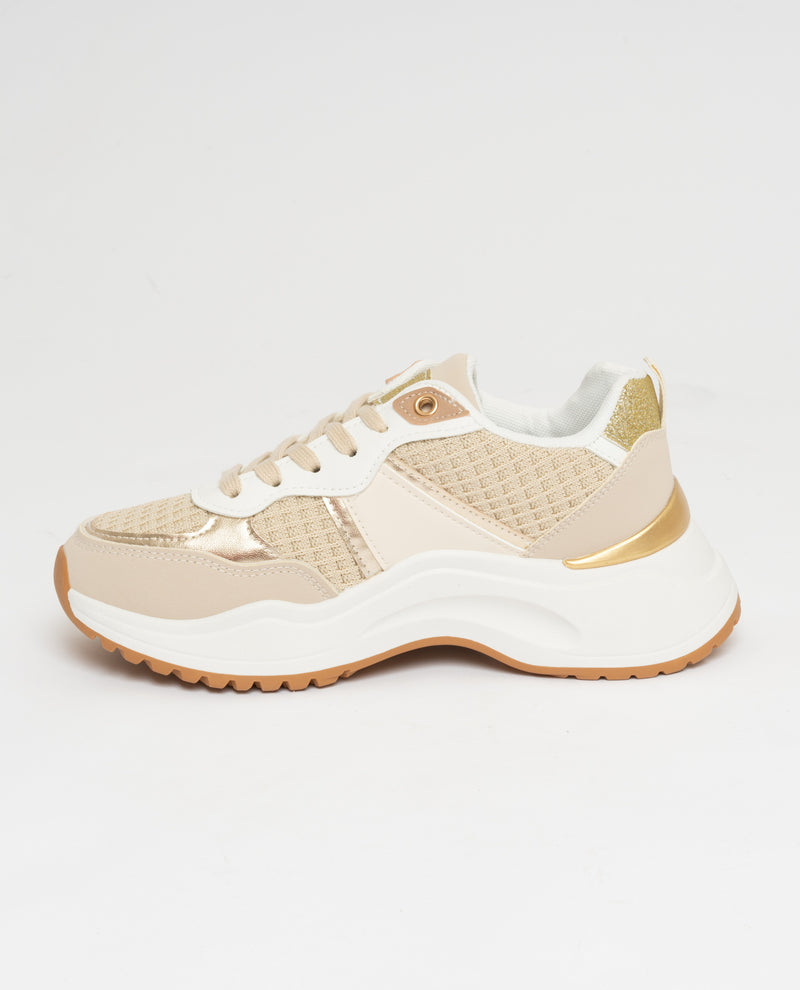 Sneakers allacciate beige con inserti oro beige e bianco