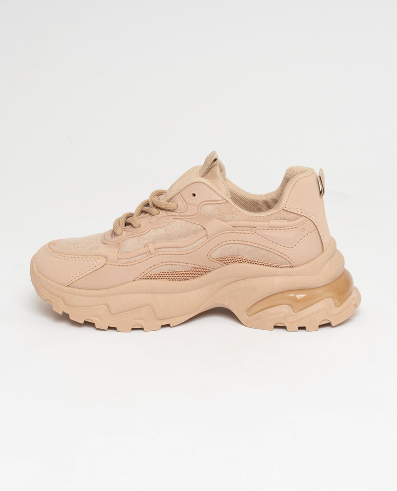 Sneakers allacciate nude in ecopelle e tessuto scamosciato