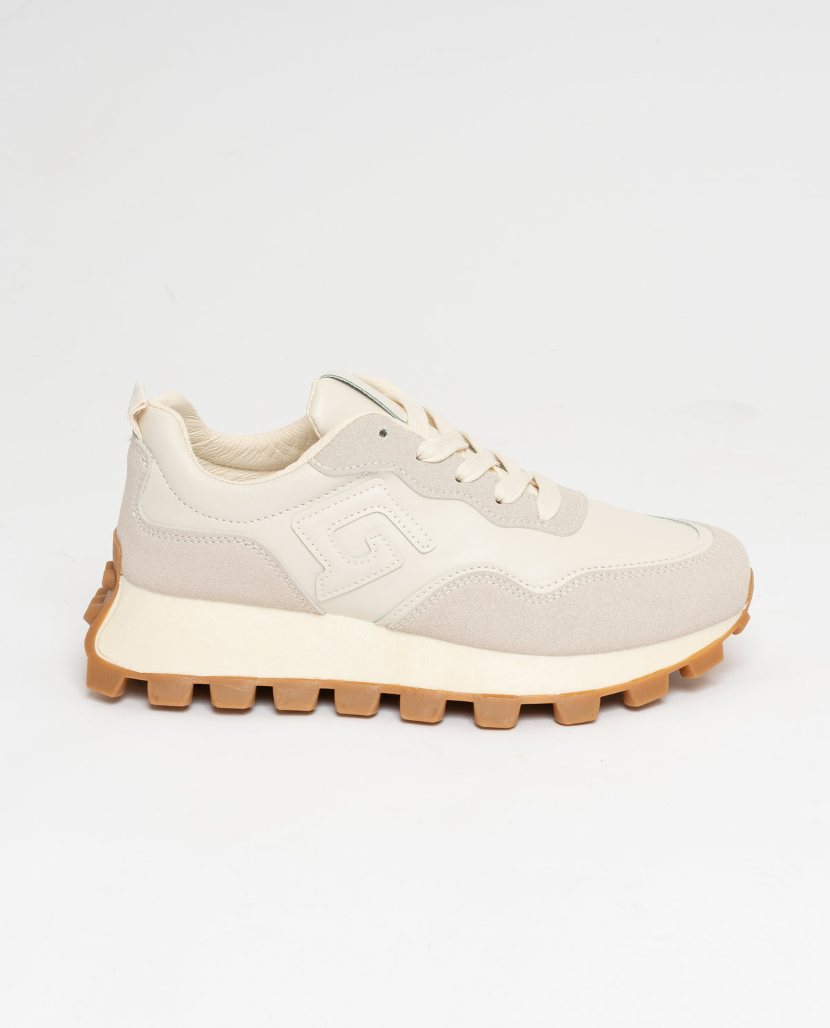 Sneakers allacciate beige in tessuto con inserti in ecopelle tono su tono