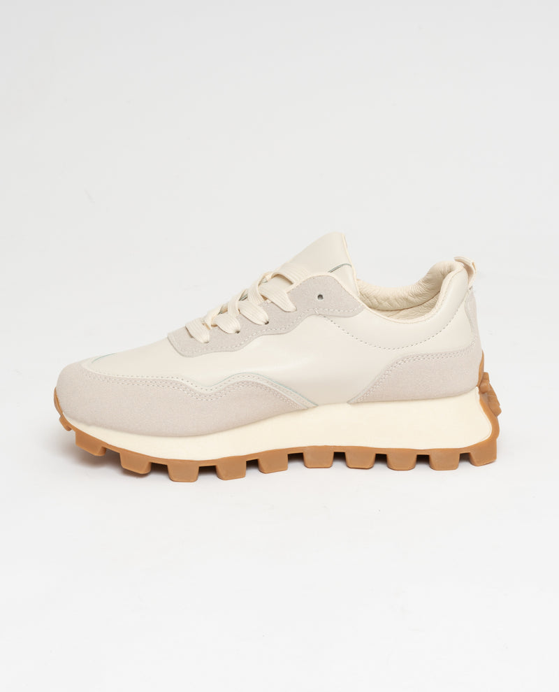 Sneakers allacciate beige in tessuto con inserti in ecopelle tono su tono