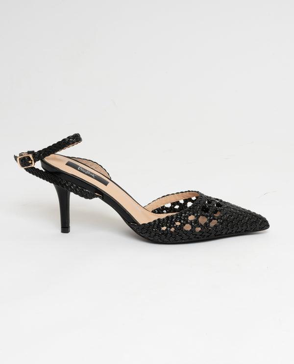 NERO | Scarpe con tacco a punta con cinturino alla caviglia effetto intrecciato in ecopelle nera