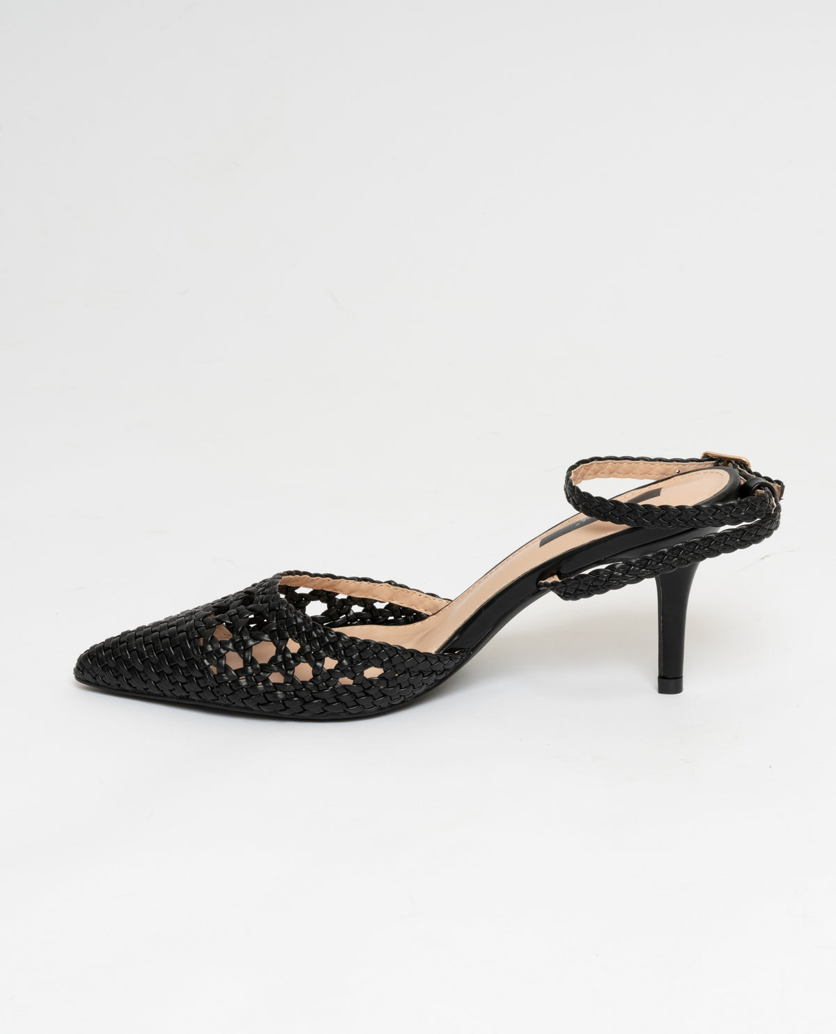 NERO | Scarpe con tacco a punta con cinturino alla caviglia effetto intrecciato in ecopelle nera