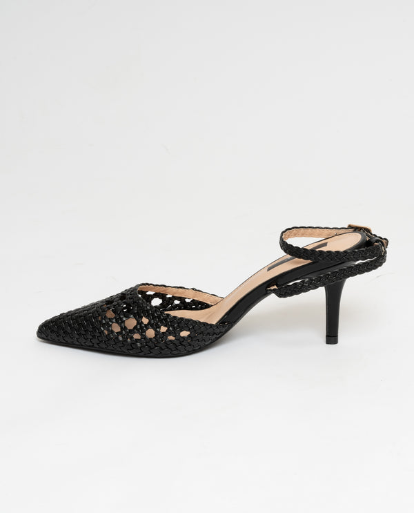 NERO | Scarpe con tacco a punta con cinturino alla caviglia effetto intrecciato in ecopelle nera