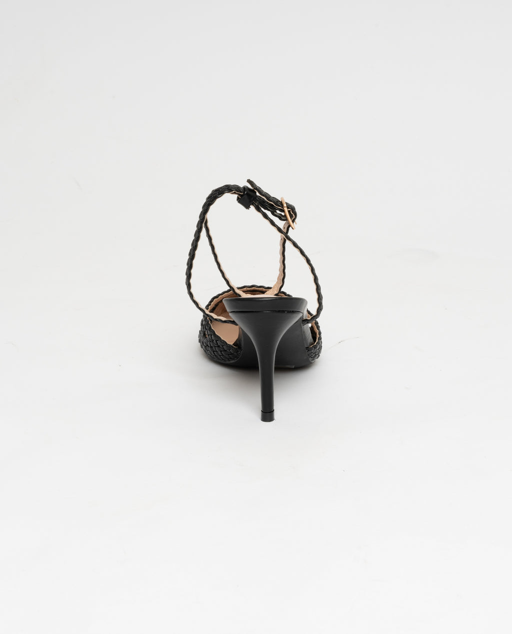 NERO | Scarpe con tacco a punta con cinturino alla caviglia effetto intrecciato in ecopelle nera