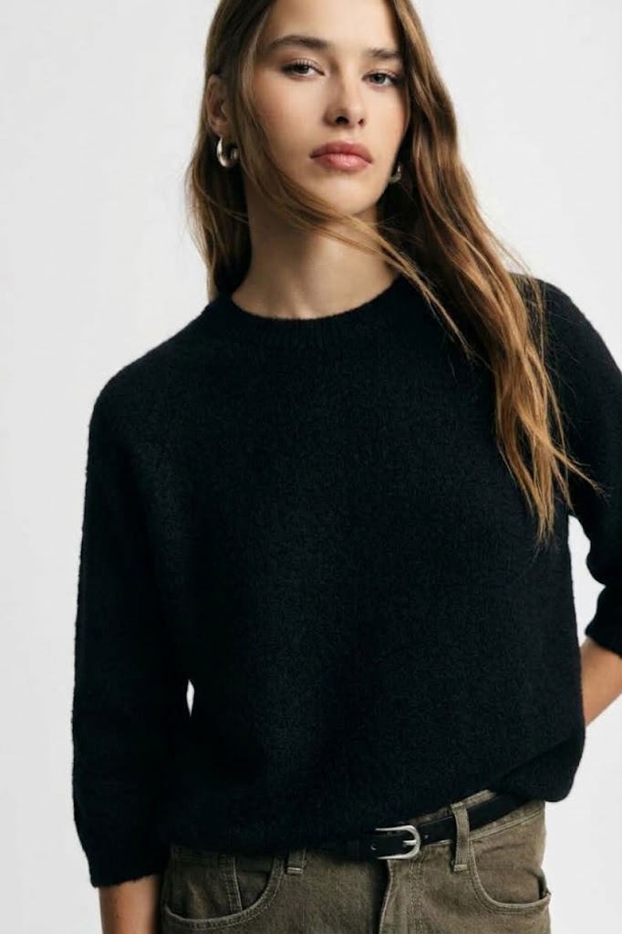 Maglione girocollo maniche 3/4 tinta unita Please - Nero