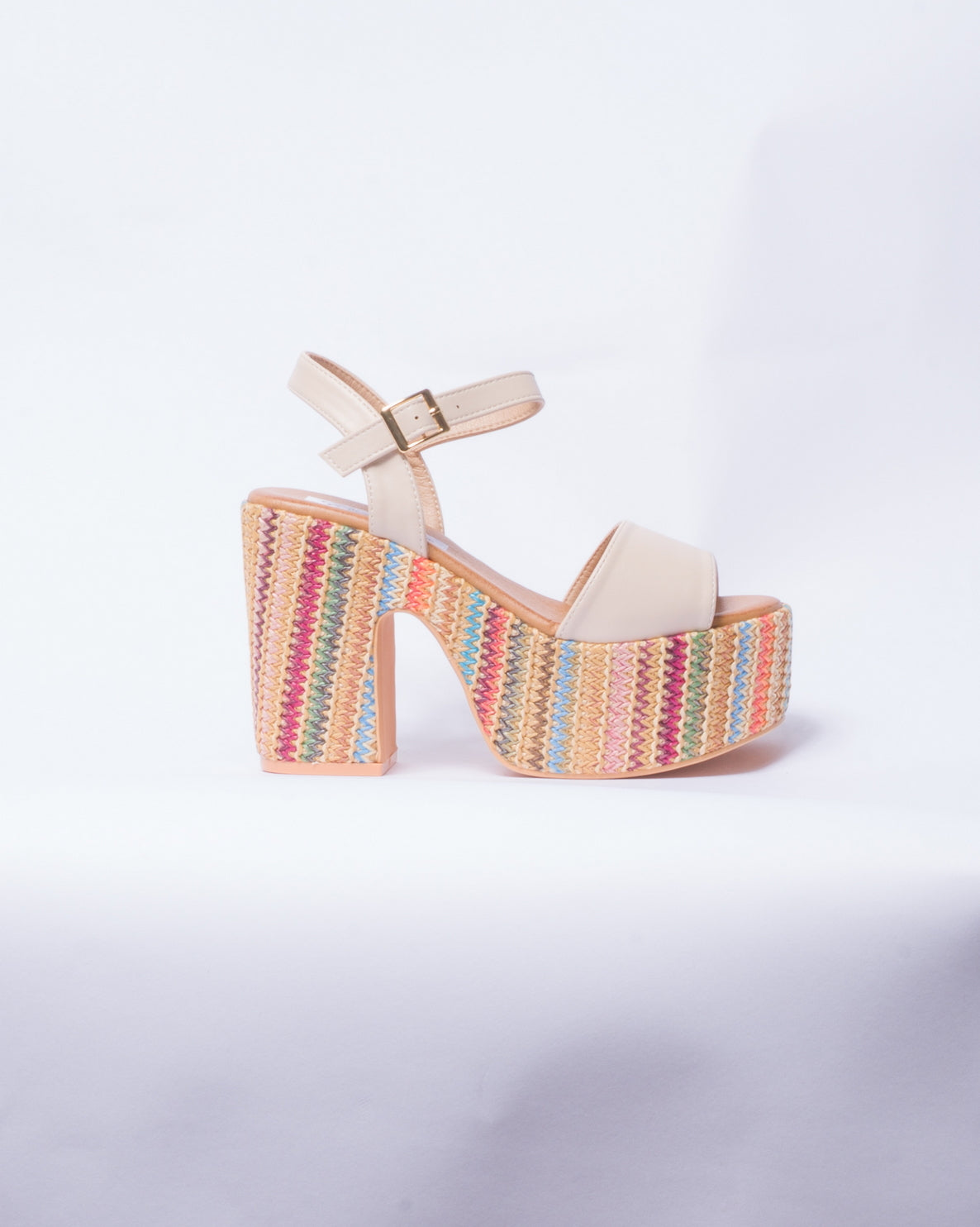 Sandalo a fascia con tacco e plateau multicolor - Beige
