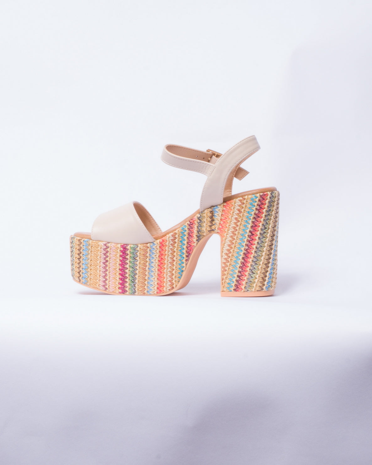 Sandalo a fascia con tacco e plateau multicolor - Beige