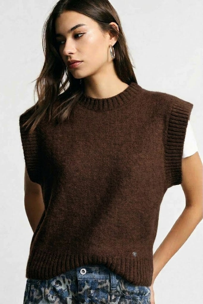 Maglione senza maniche con profili a costine Please - Cioccolato