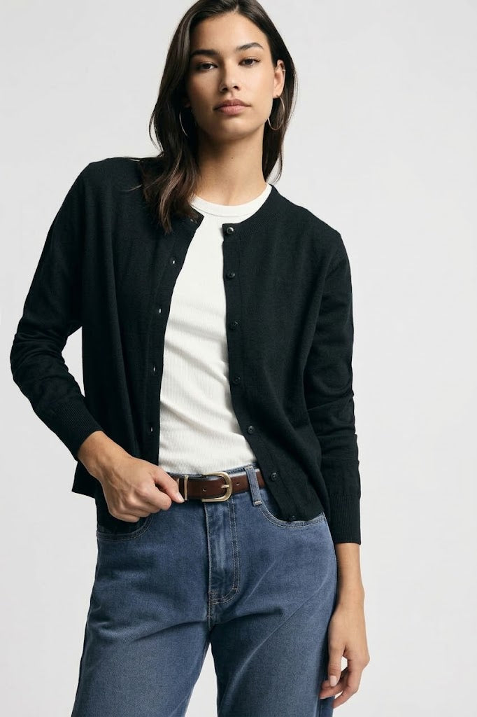 Cardigan girocollo con maniche lunghe e bottoni - Nero