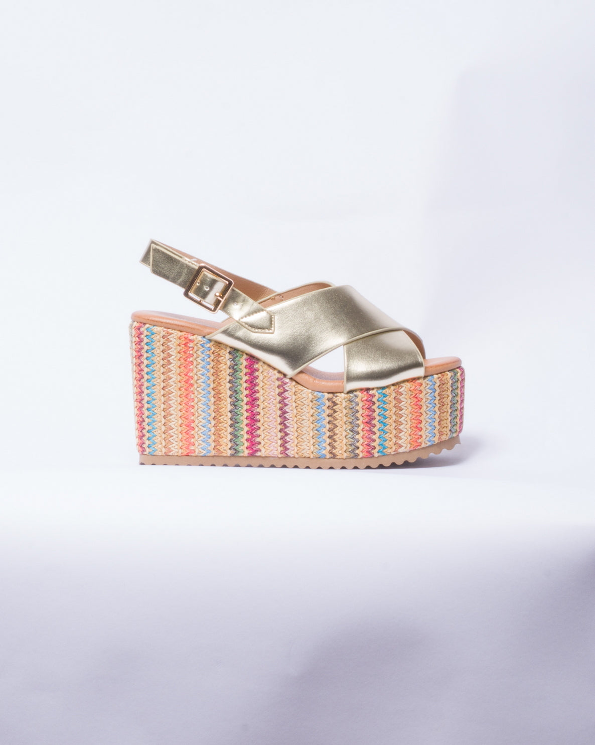 Sandalo con zeppa lavorata multicolor - Oro