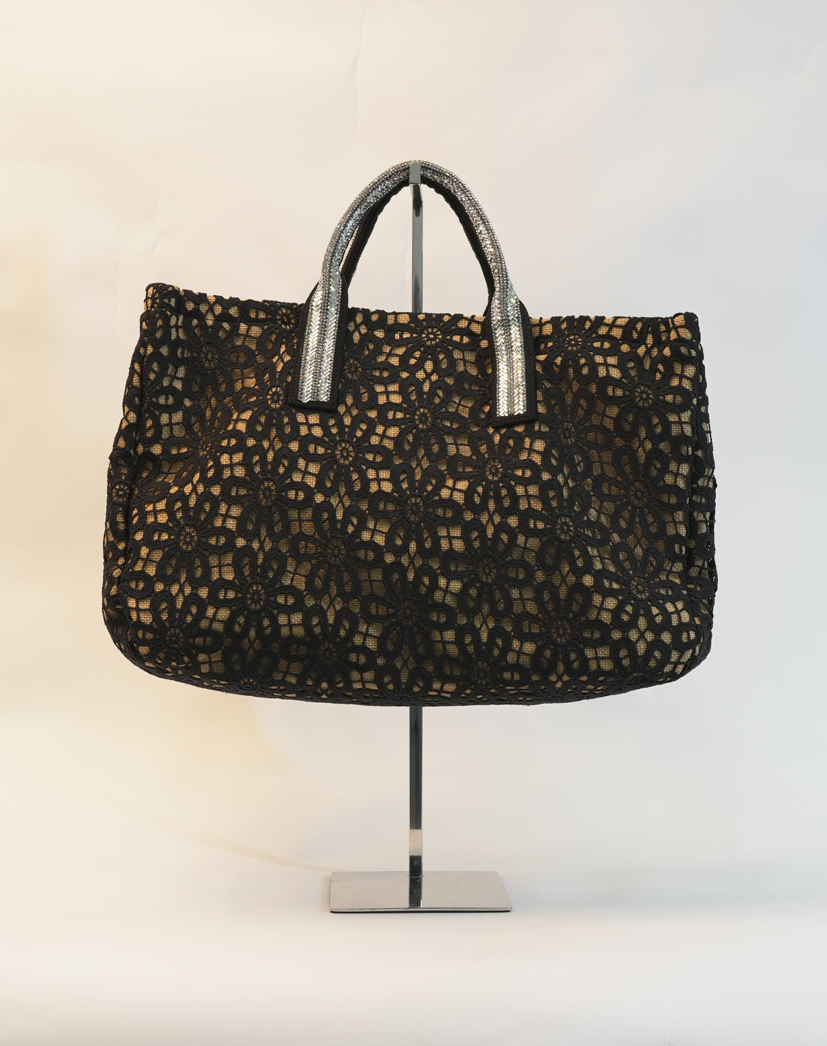 Borsa in Paglia con Ricamo Floreale e Manici brillantinati - Nero