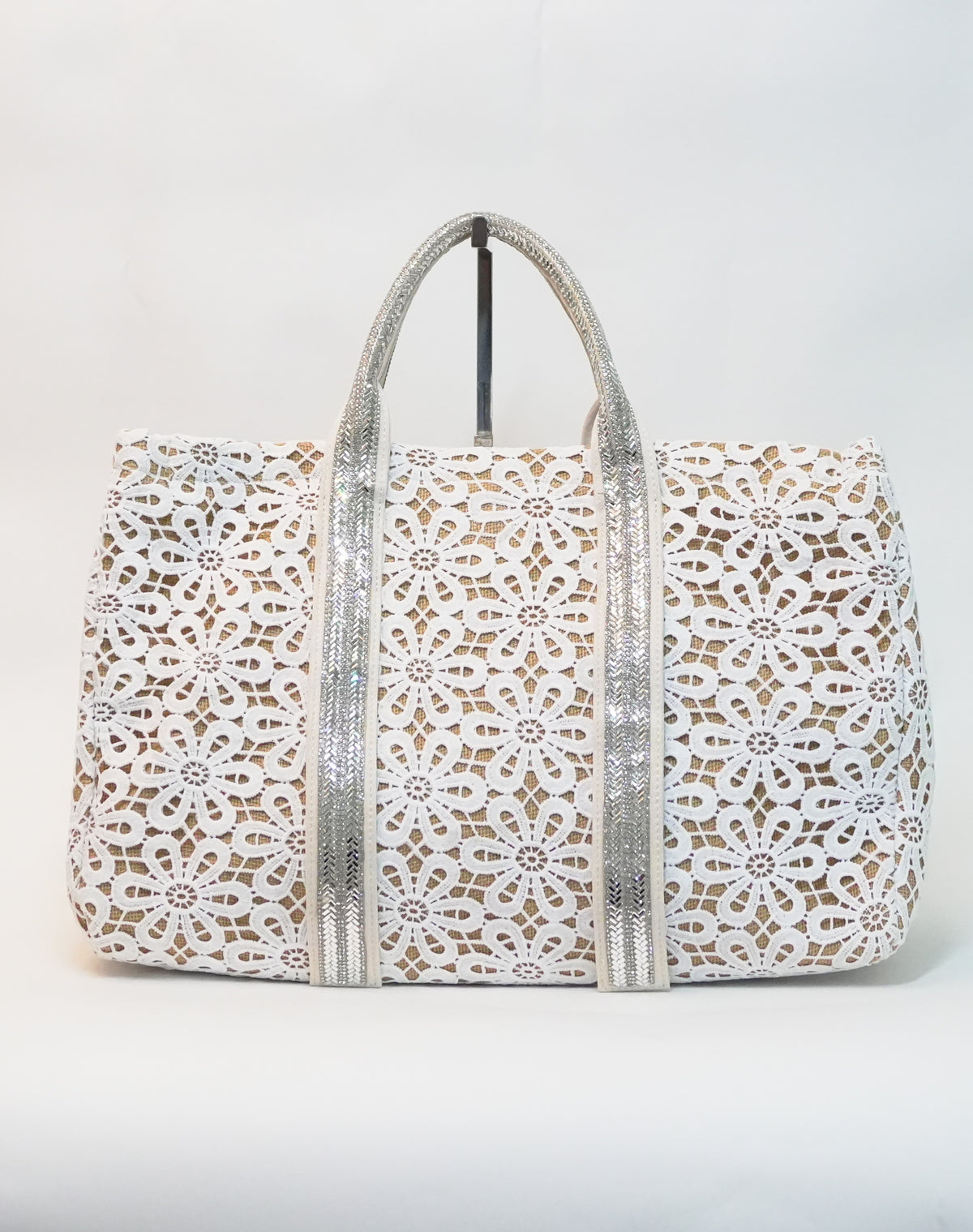 Borsa in Paglia con Ricamo Floreale e Manici brillantinati - Bianco