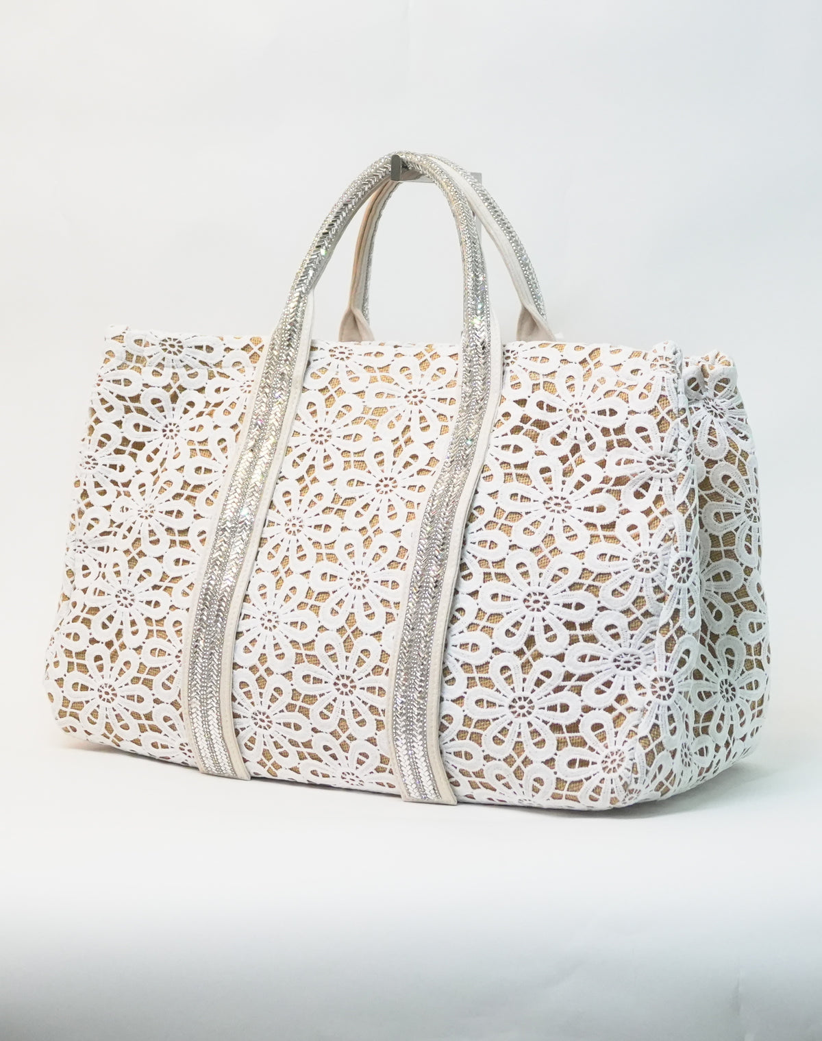 Borsa in Paglia con Ricamo Floreale e Manici brillantinati - Bianco