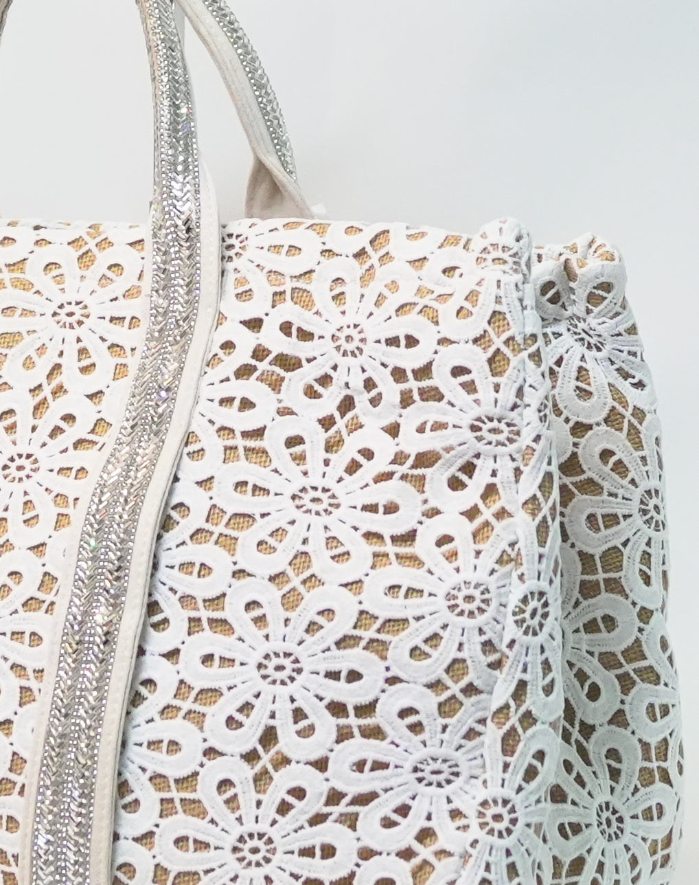 Borsa in Paglia con Ricamo Floreale e Manici brillantinati - Bianco