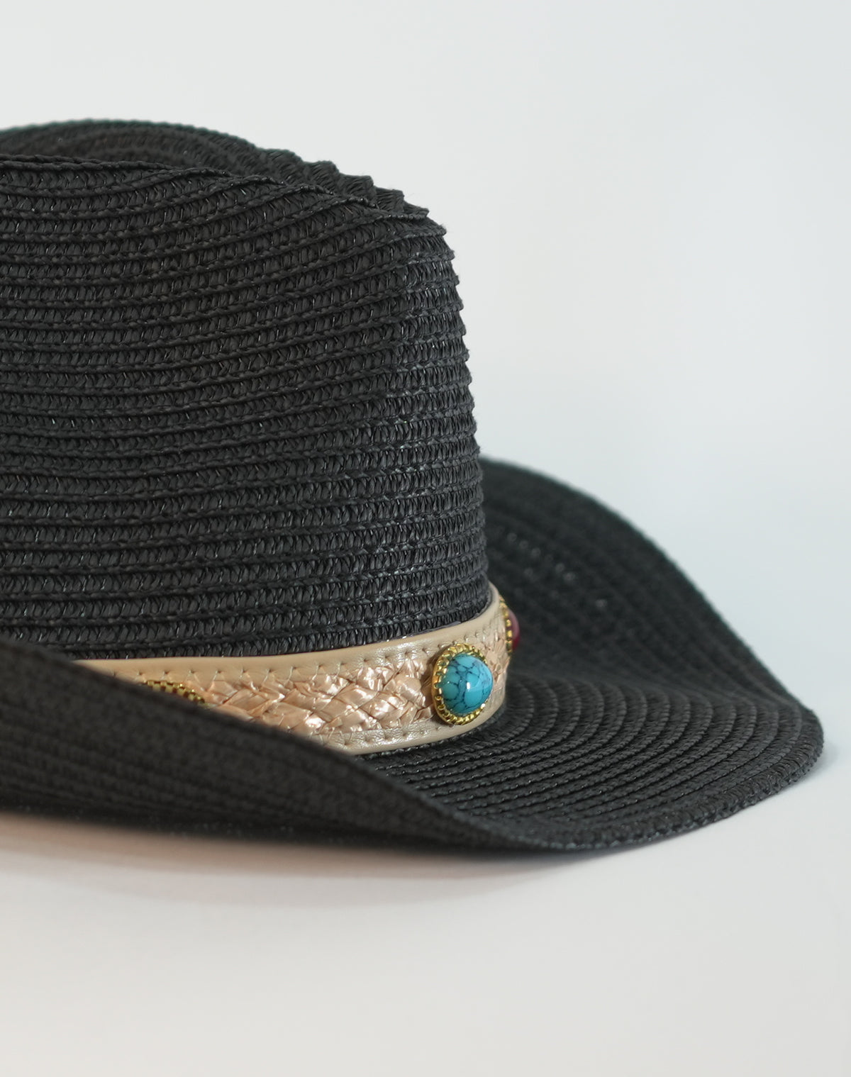 Cappello Western Nero con Fascia Decorativa e Pietre Colorate