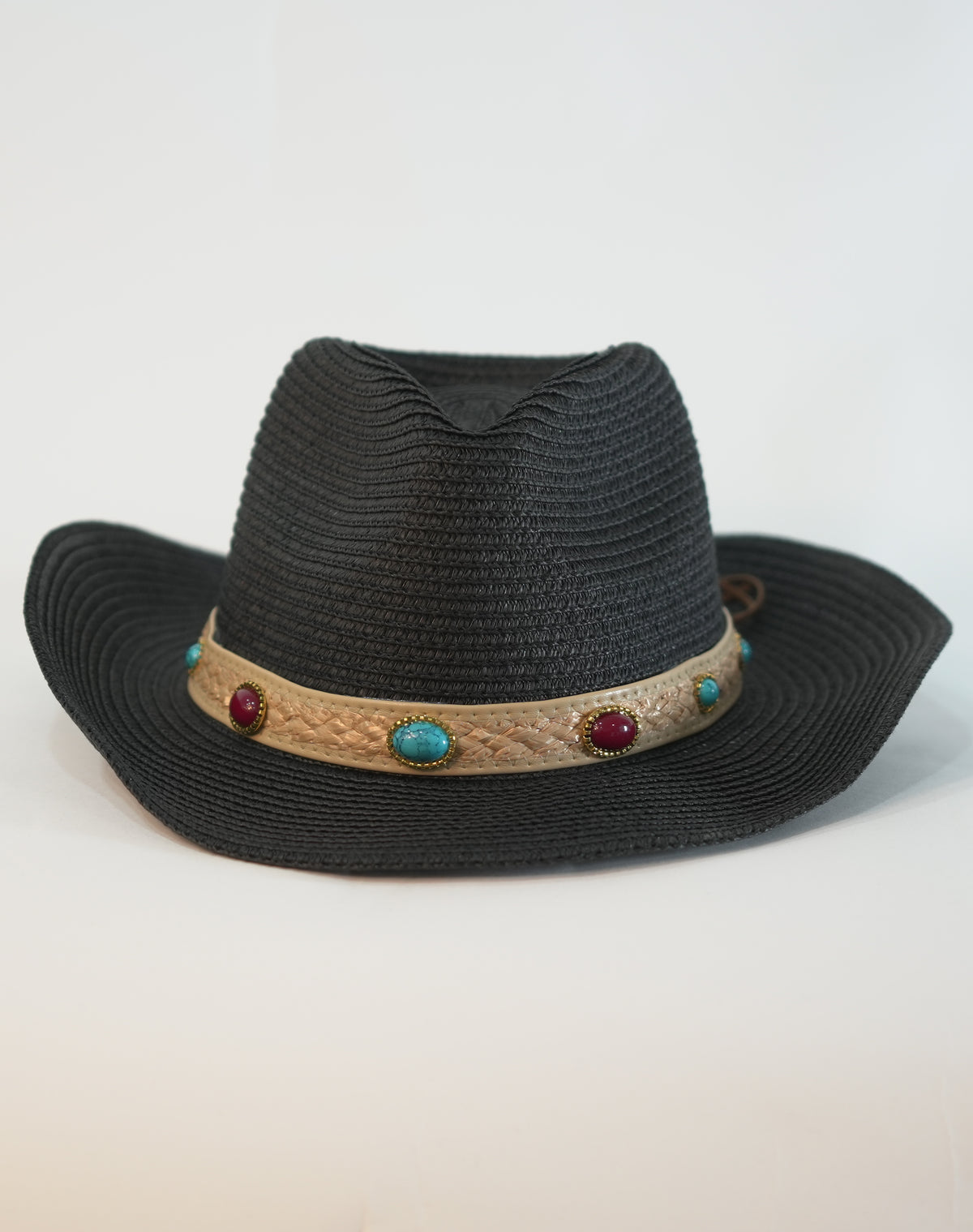 Cappello Western Nero con Fascia Decorativa e Pietre Colorate