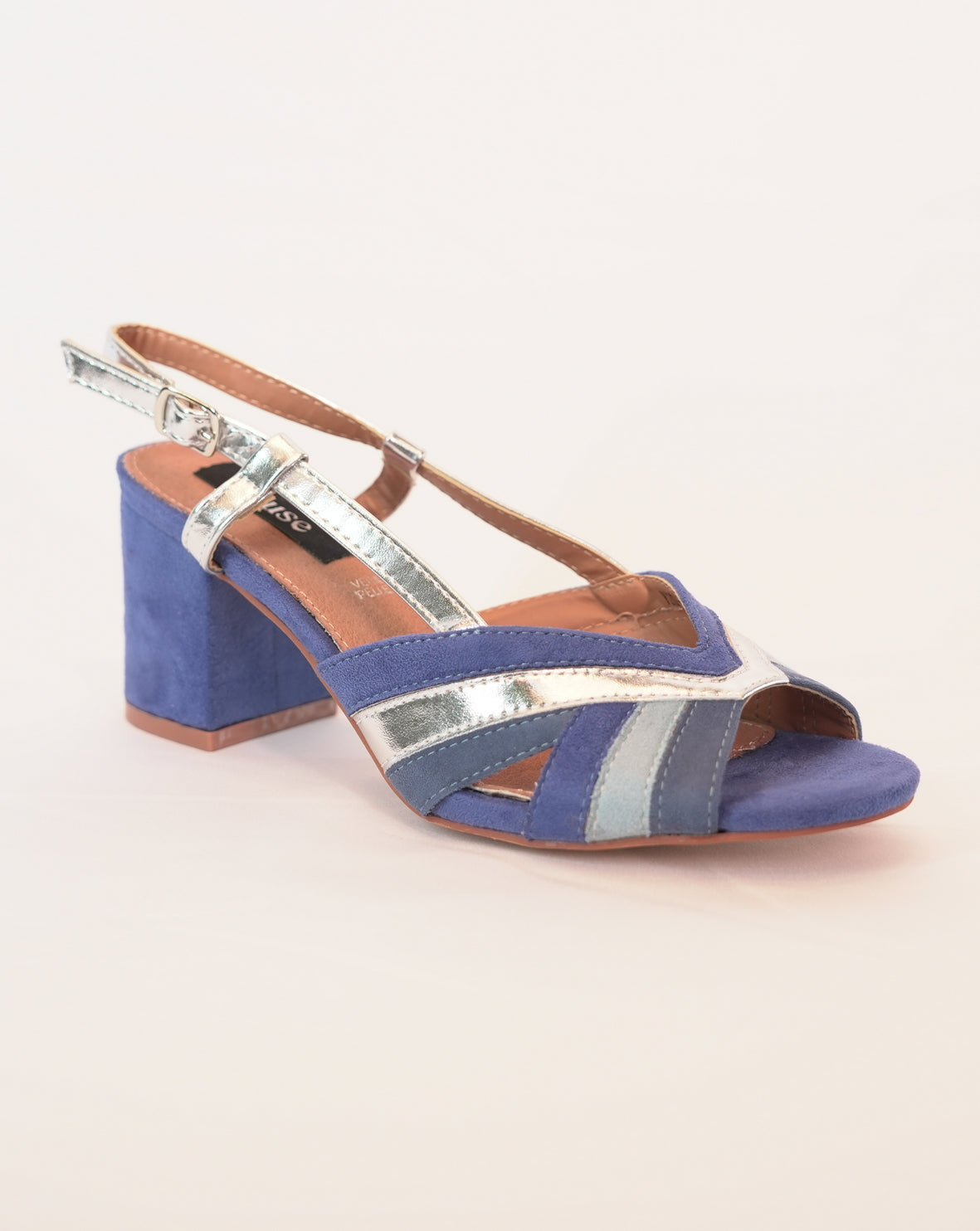 Sandalo Donna con Tacco Largo in Camoscio e Dettagli Metallizzati - Blu/Silver