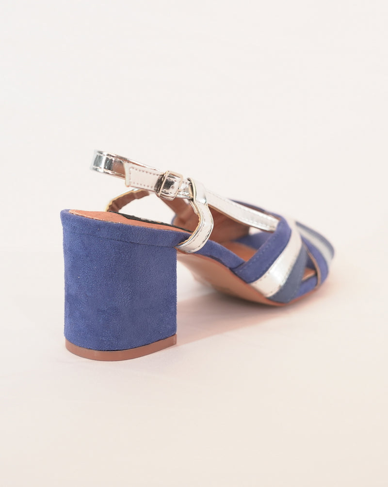 Sandalo Donna con Tacco Largo in Camoscio e Dettagli Metallizzati - Blu/Silver