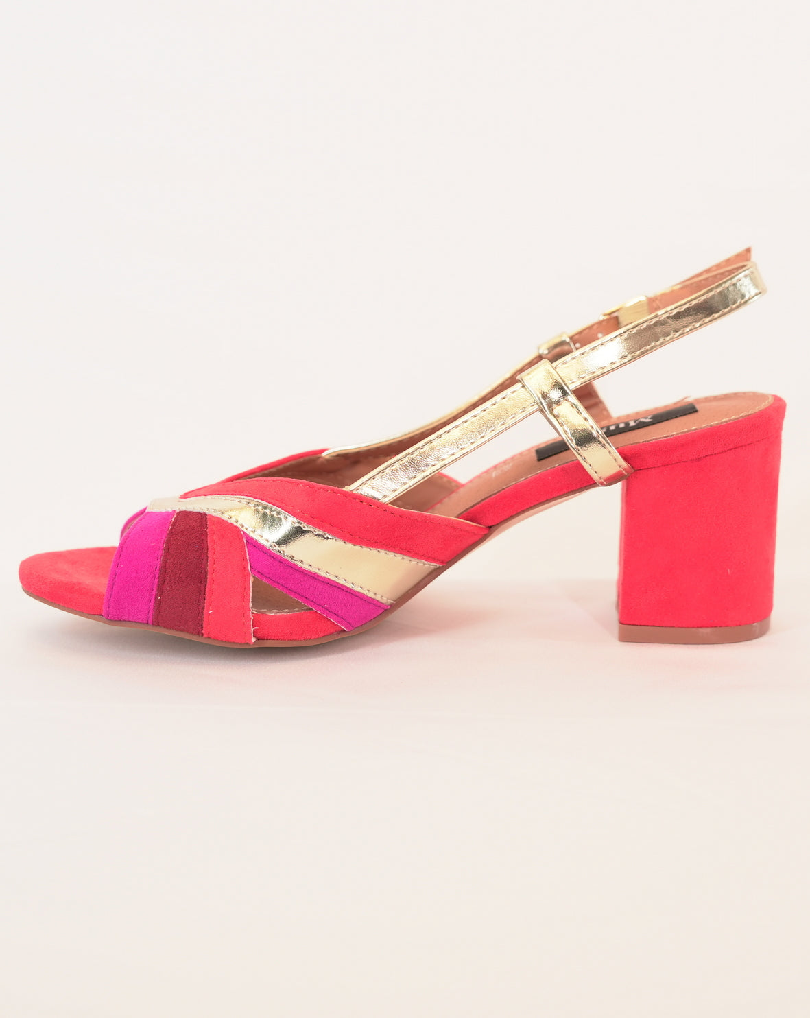 Sandalo Donna con Tacco Largo in Camoscio e Dettagli Metallizzati - Arancio/Oro