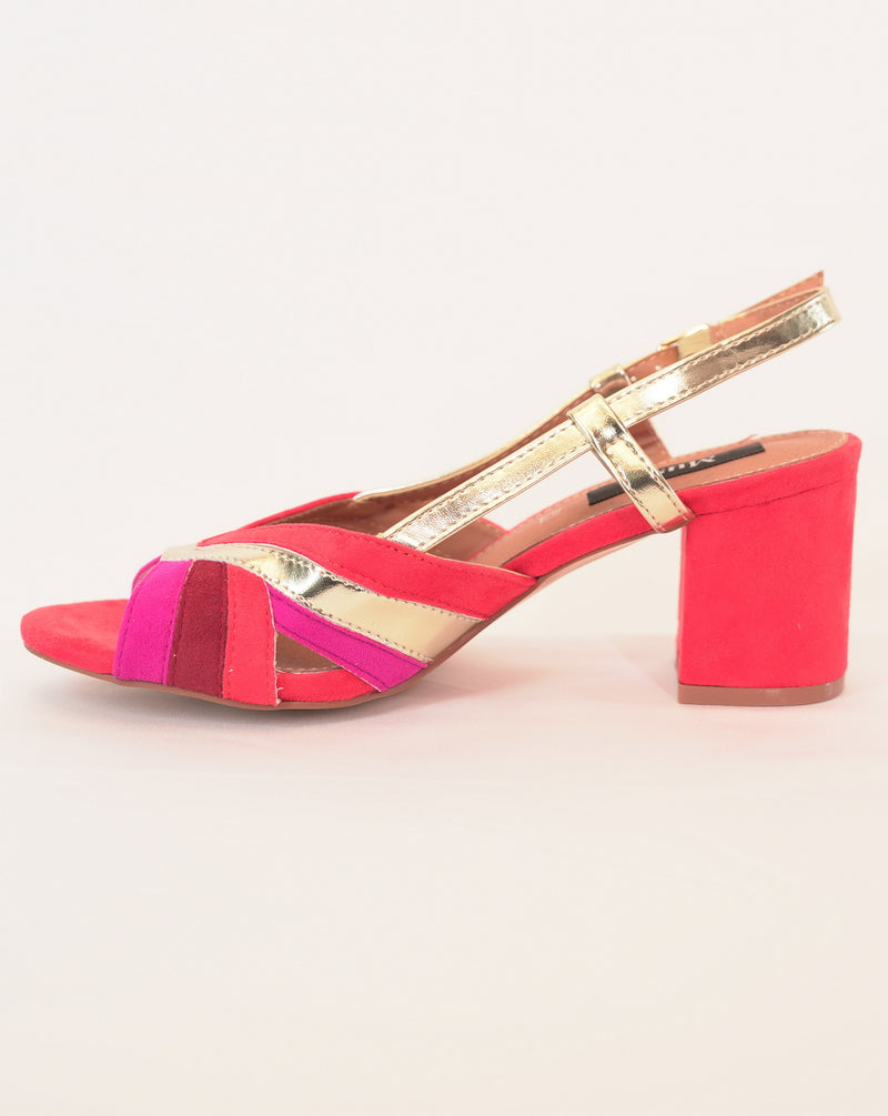 Sandalo Donna con Tacco Largo in Camoscio e Dettagli Metallizzati - Arancio/Oro