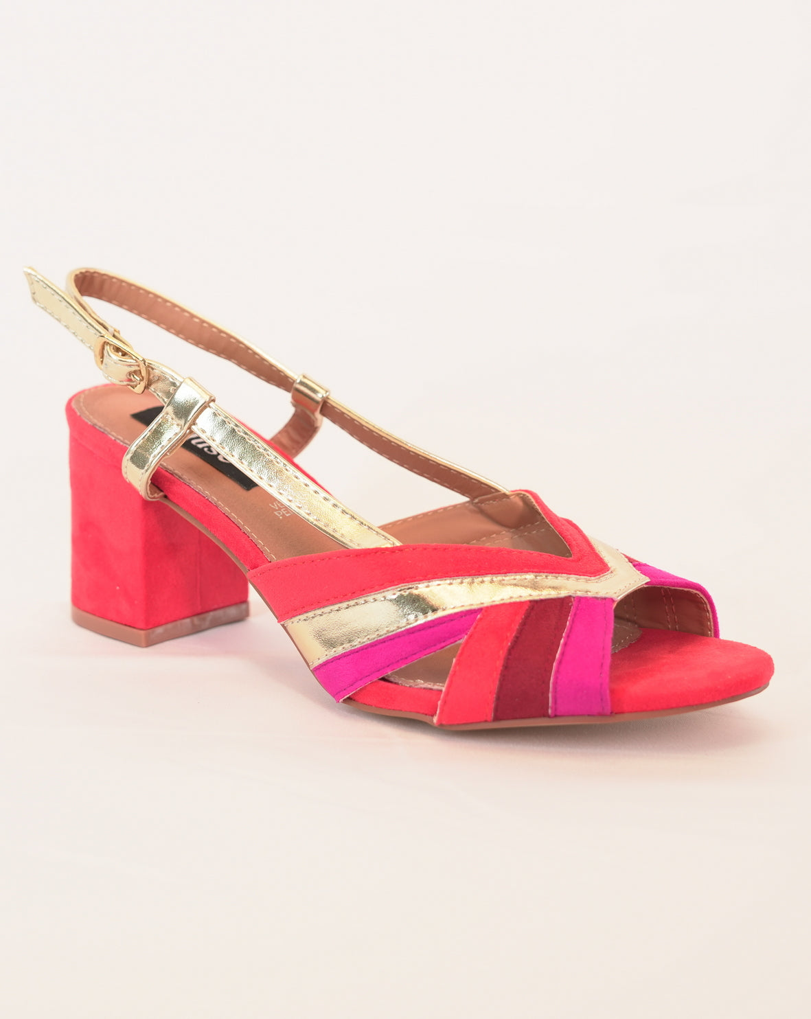 Sandalo Donna con Tacco Largo in Camoscio e Dettagli Metallizzati - Arancio/Oro