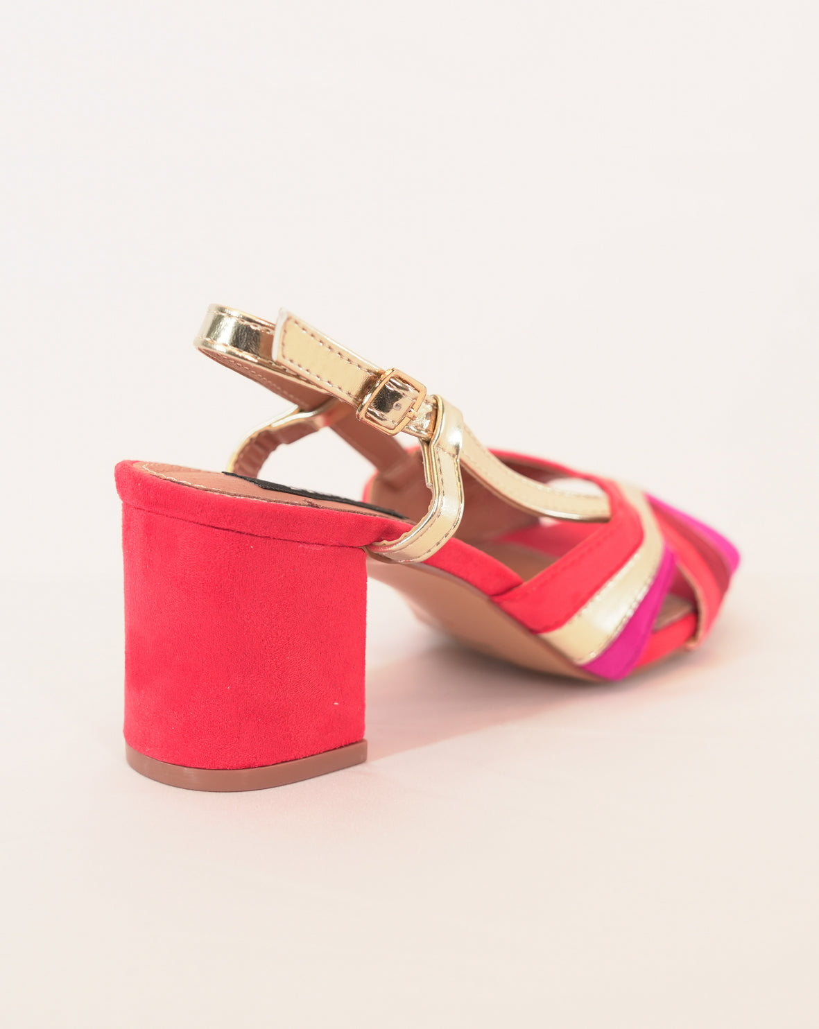 Sandalo Donna con Tacco Largo in Camoscio e Dettagli Metallizzati - Arancio/Oro