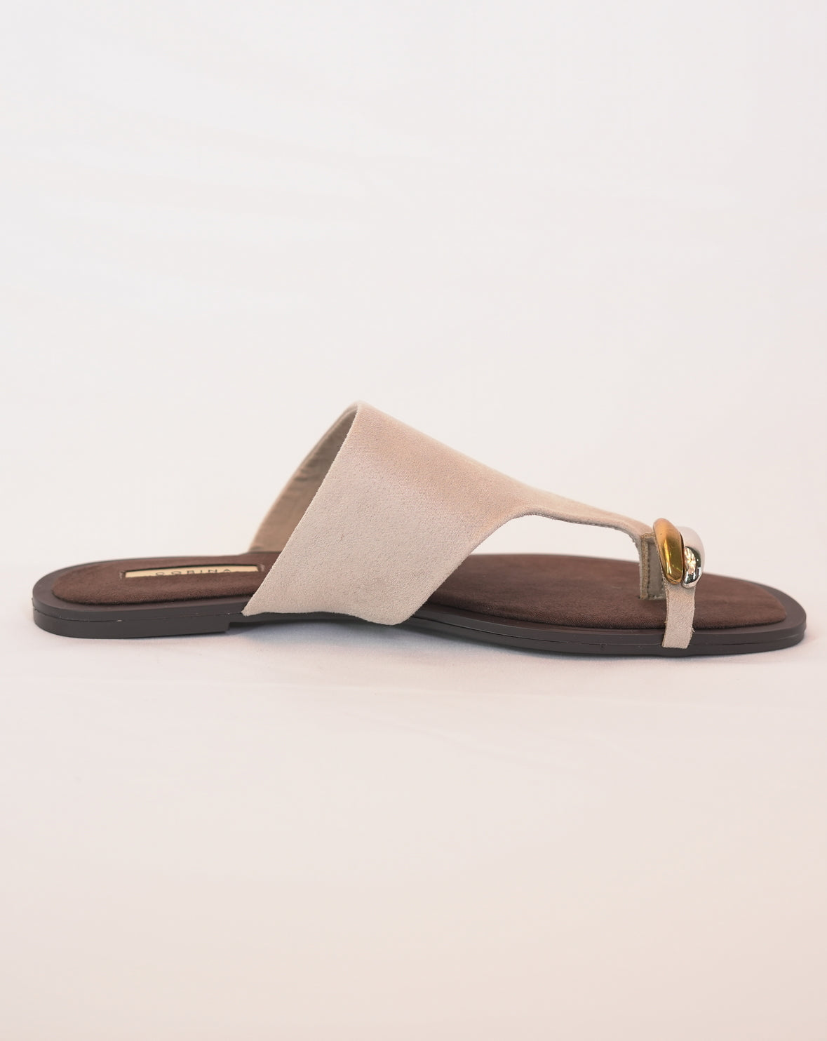 Sandalo Infradito Scamosciato con Dettaglio Metallico - Beige