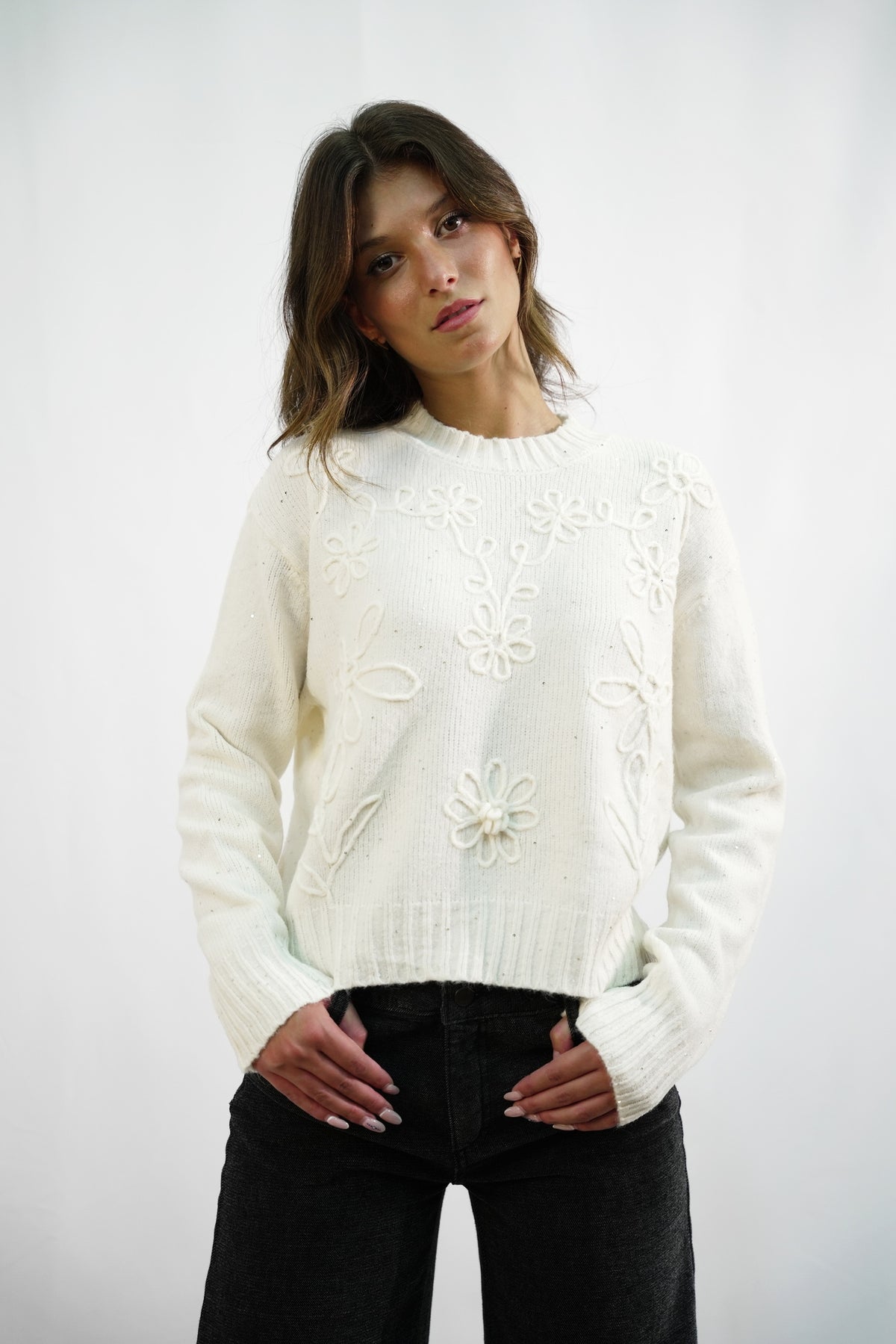 Maglione con Ricami Floreali in Rilievo Zahjr - Panna -