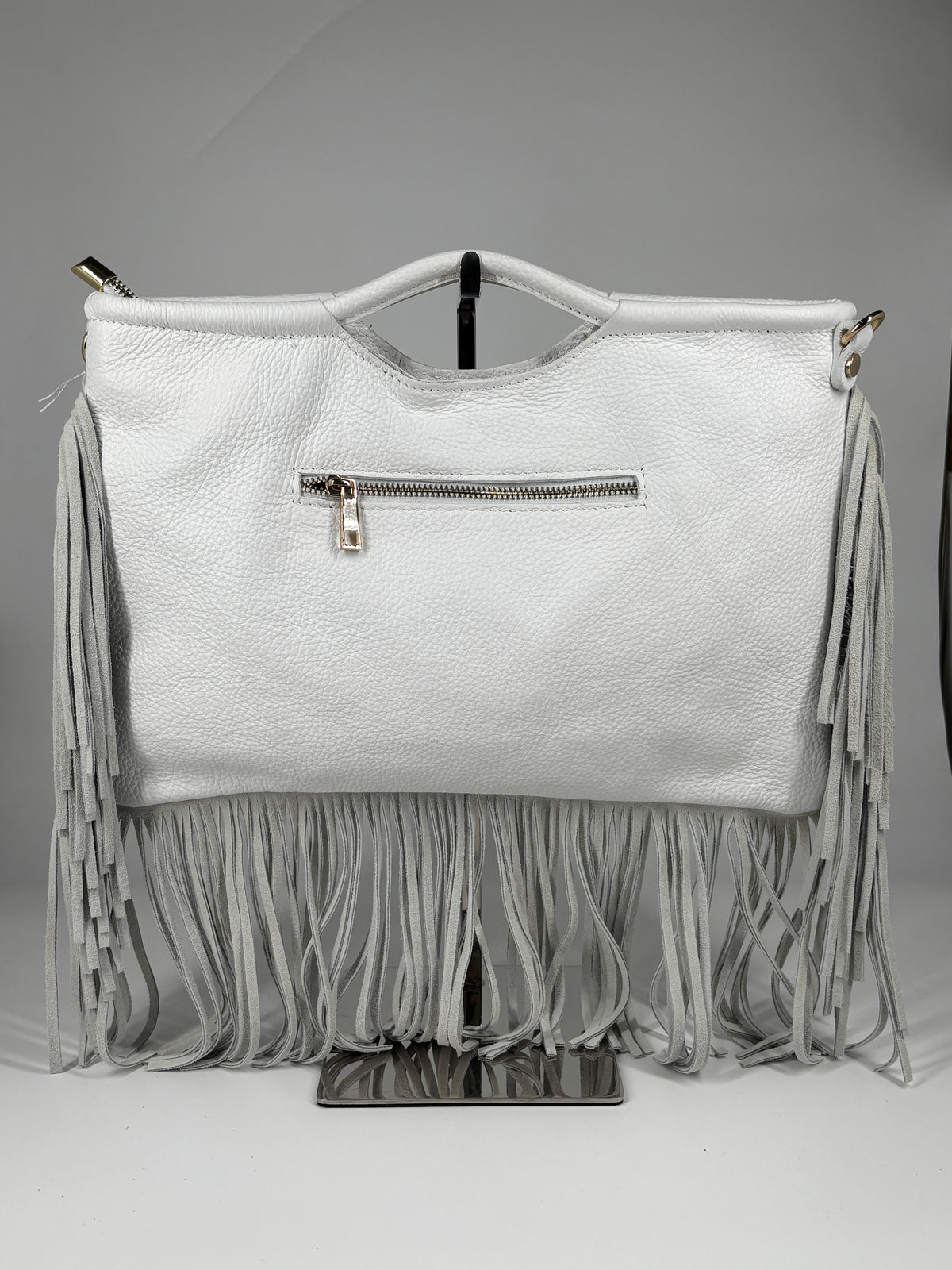 Borsa a Mano con Tracolla in Vera Pelle con Frange – Bianca