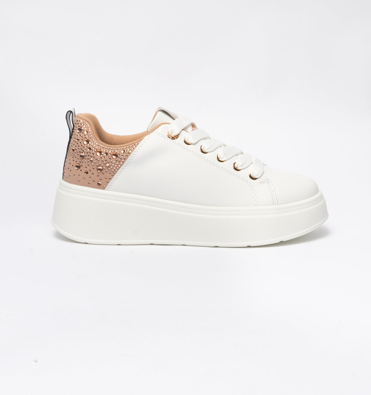 Sneakers Gold & Gold punta tonda in ecopelle tallone con strass -Bianco