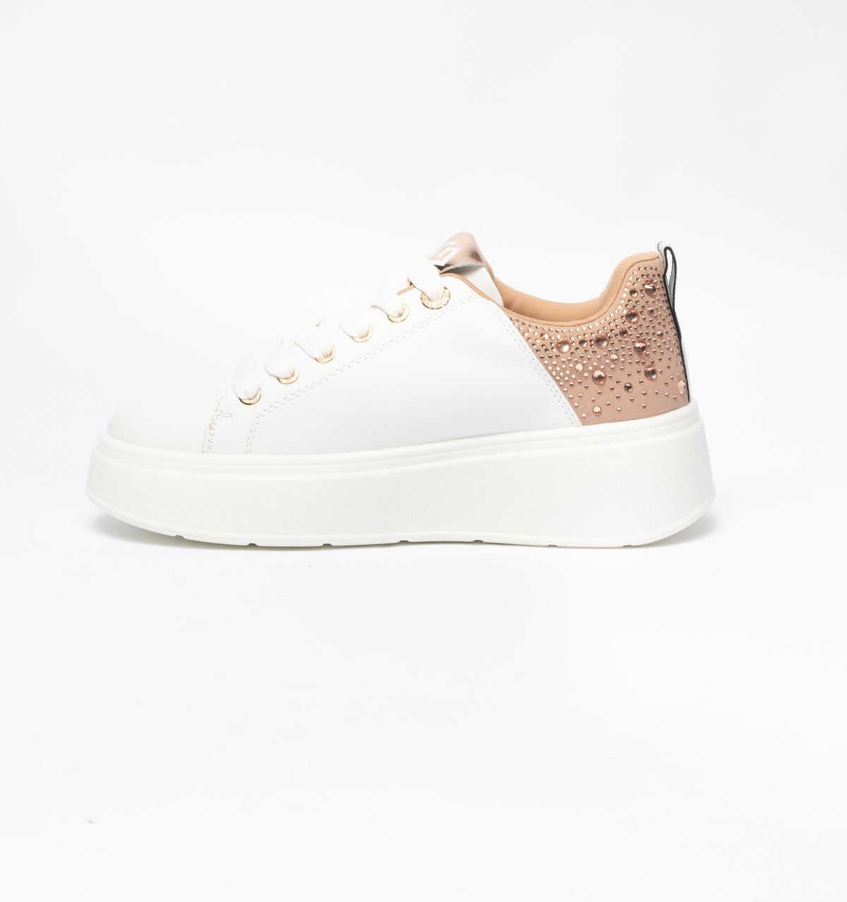 Sneakers Gold & Gold punta tonda in ecopelle tallone con strass -Bianco