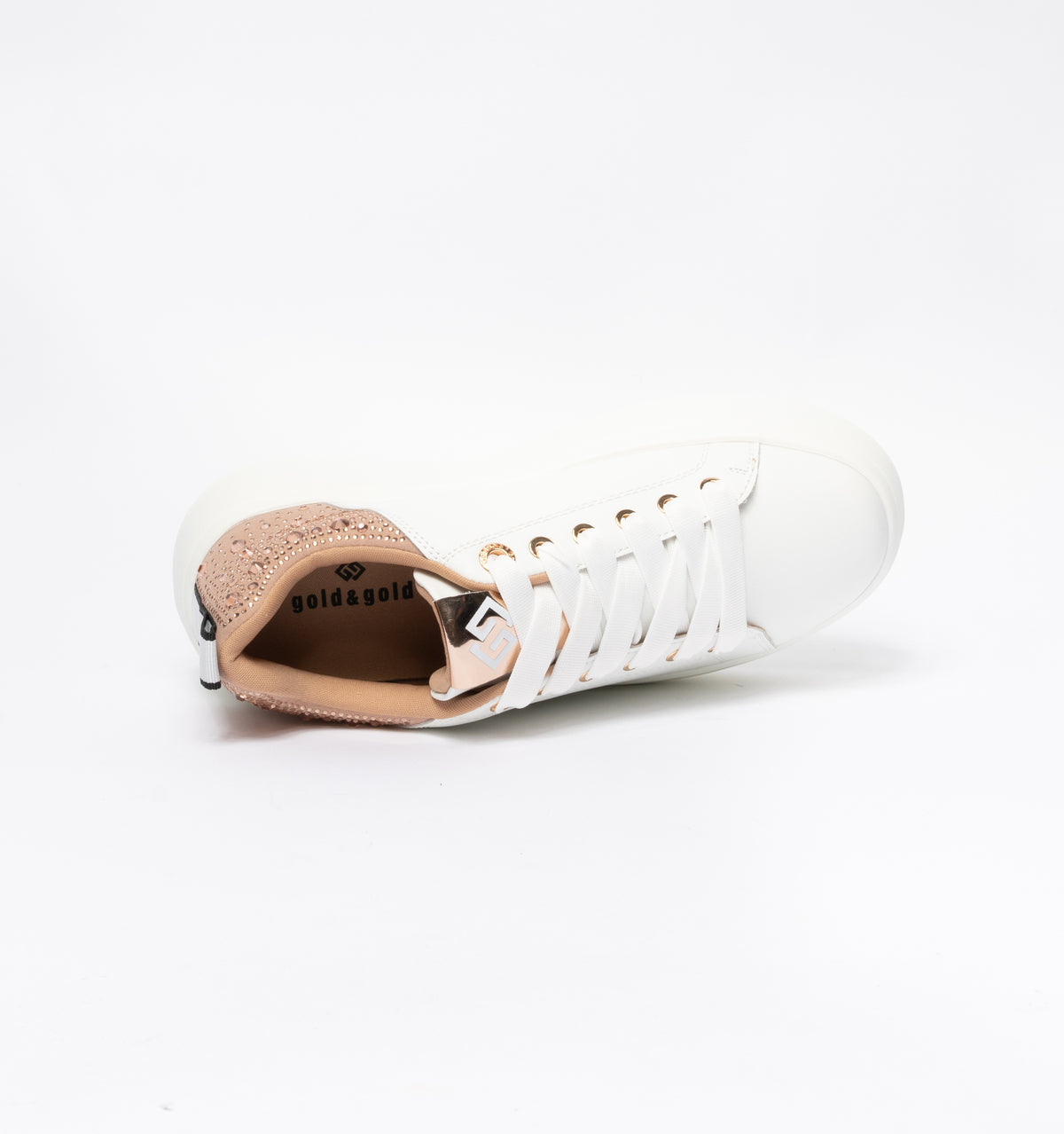Sneakers Gold & Gold punta tonda in ecopelle tallone con strass -Bianco