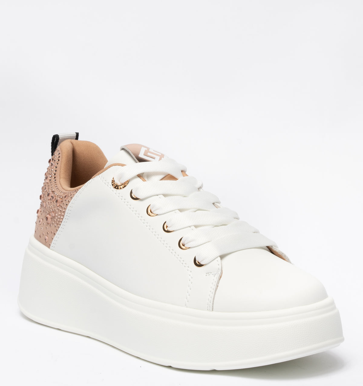 Sneakers Gold & Gold punta tonda in ecopelle tallone con strass -Bianco