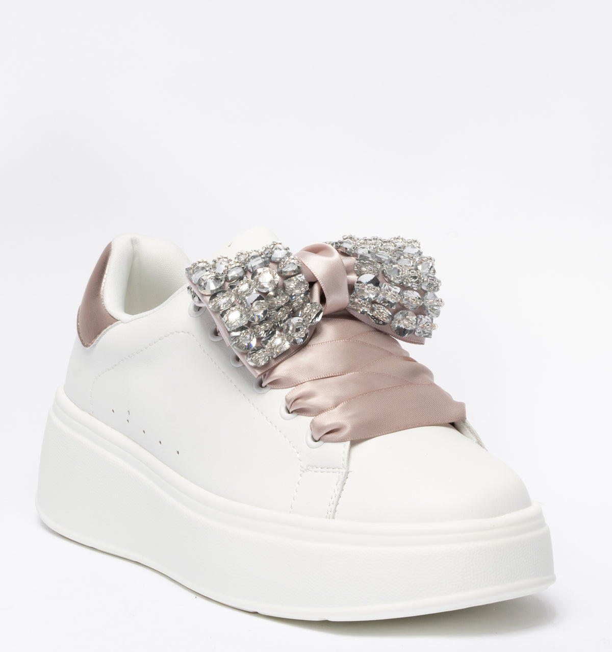 Sneakers Gold & Gold con fiocco raso champagne e pietre gioiello - Bianco