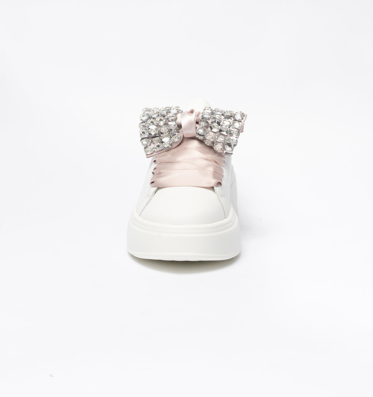 Sneakers Gold & Gold con fiocco raso champagne e pietre gioiello - Bianco