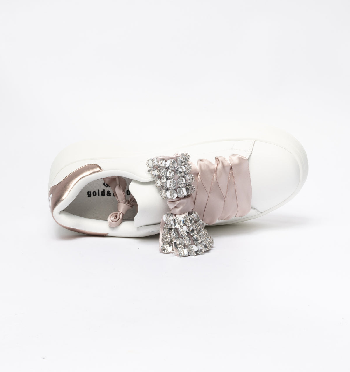 Sneakers Gold & Gold con fiocco raso champagne e pietre gioiello - Bianco