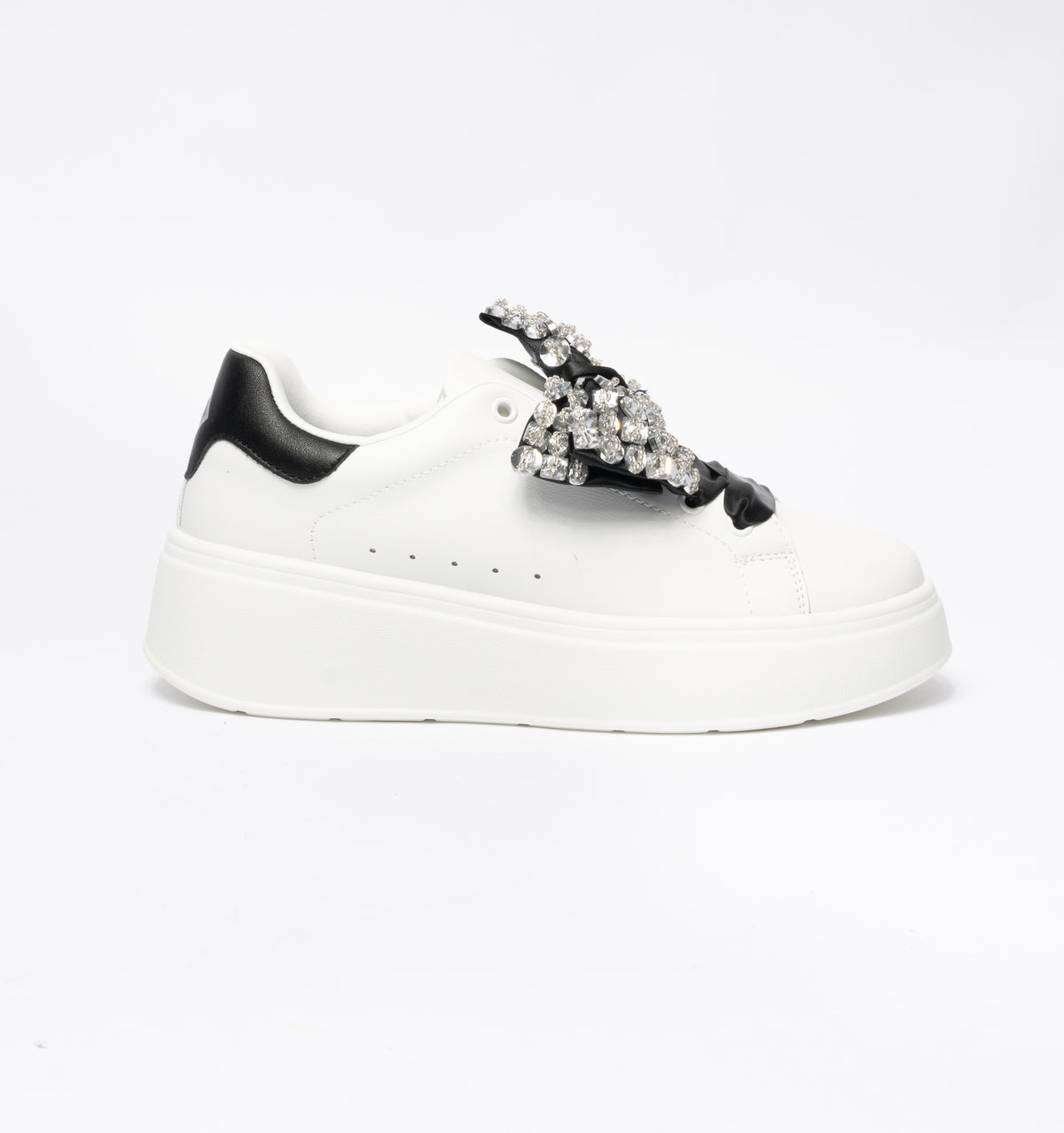 Sneakers Gold & Gold con fiocco raso nero  e pietre gioiello - Bianco