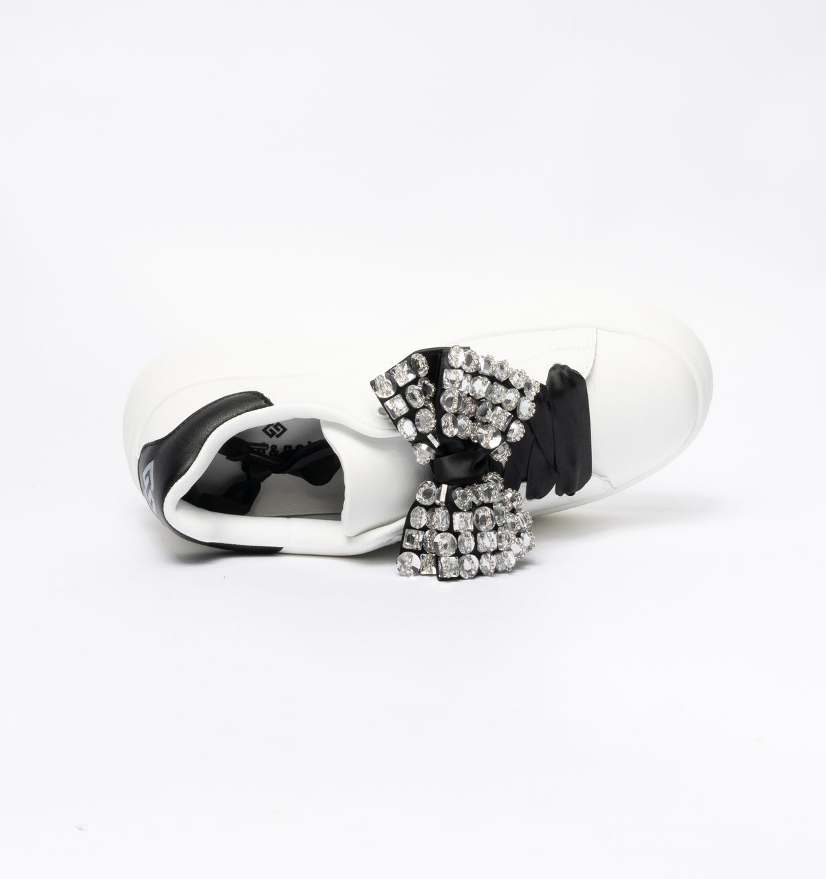 Sneakers Gold & Gold con fiocco raso nero  e pietre gioiello - Bianco