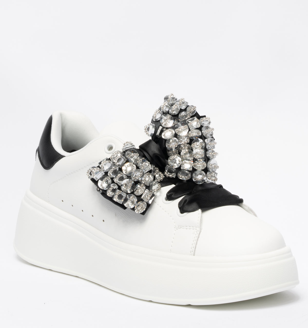 Sneakers Gold & Gold con fiocco raso nero  e pietre gioiello - Bianco