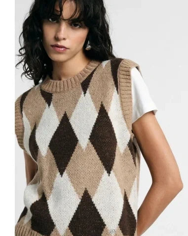 Gilet in Maglia a Rombi Argyle Please - Marrone/Cammello/Panna -