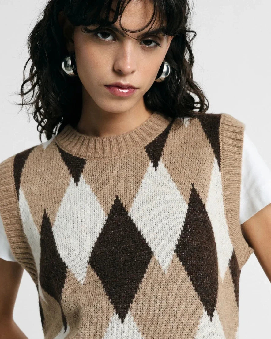 Gilet in Maglia a Rombi Argyle Please - Marrone/Cammello/Panna -